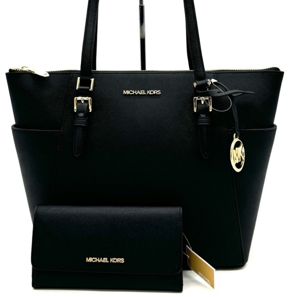 Michael Kors Large Charlotte TZ Tote Bag & Large Trifold Wallet Black/Gold - Picture 1 of 14